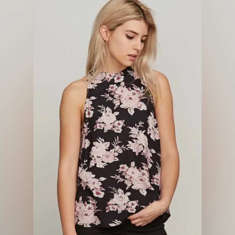 *Volcom New Black Pink Floral Band Collar Sleeveless Heart Stoned Blouse A238